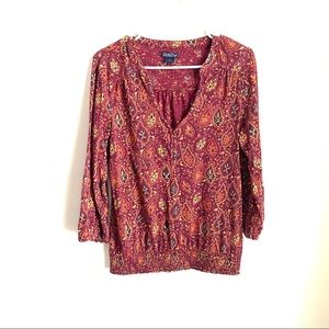 Lucky Brand V Neck 3/4 Sleeve Printed Top